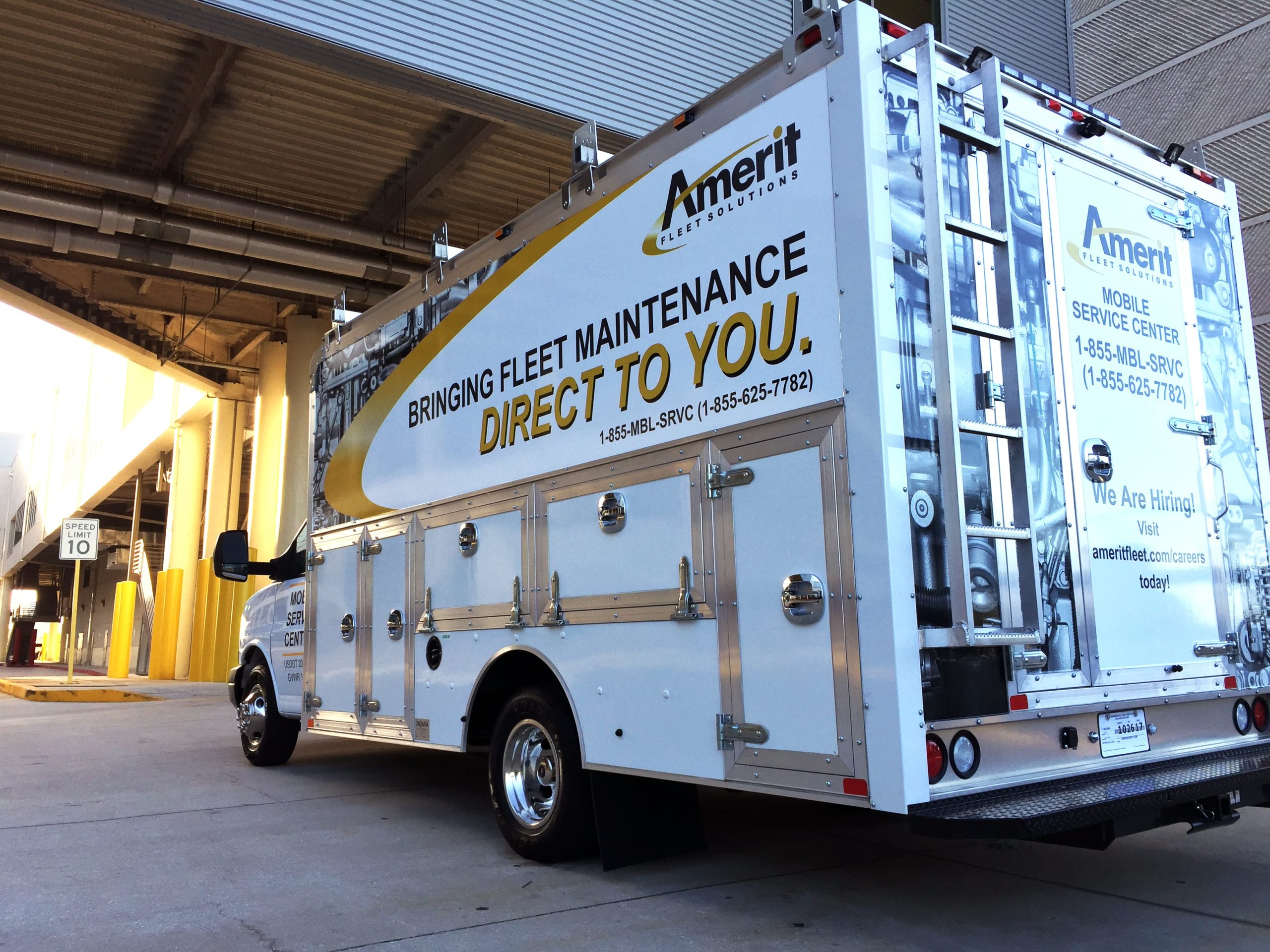 An Amerit mobile fleet services truck parked waiting to provide service to fleet vehicle.