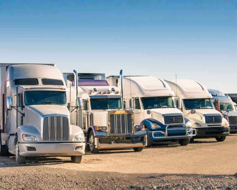 Row of tractor trailers parked at a logistics center.