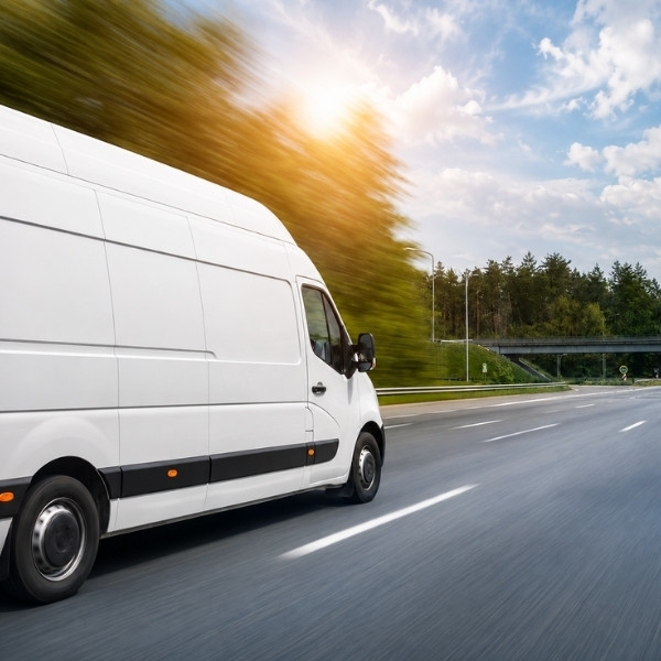 last mile delivery van on the road