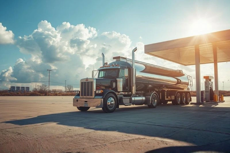 Tank truck fueling up at gas station.