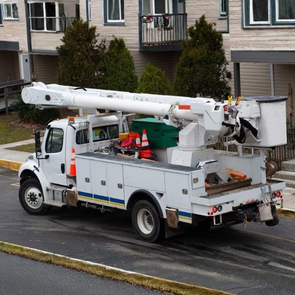 Telecom bucket truck parked outside homes for utility services.