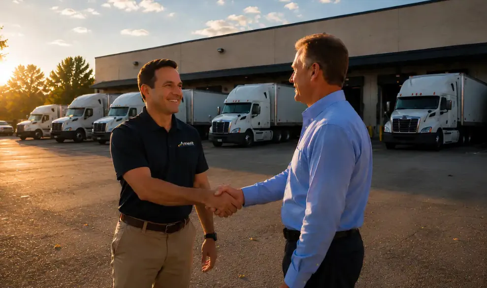 Two men shaking hands in parking lot and agreeing over subrogation recovery