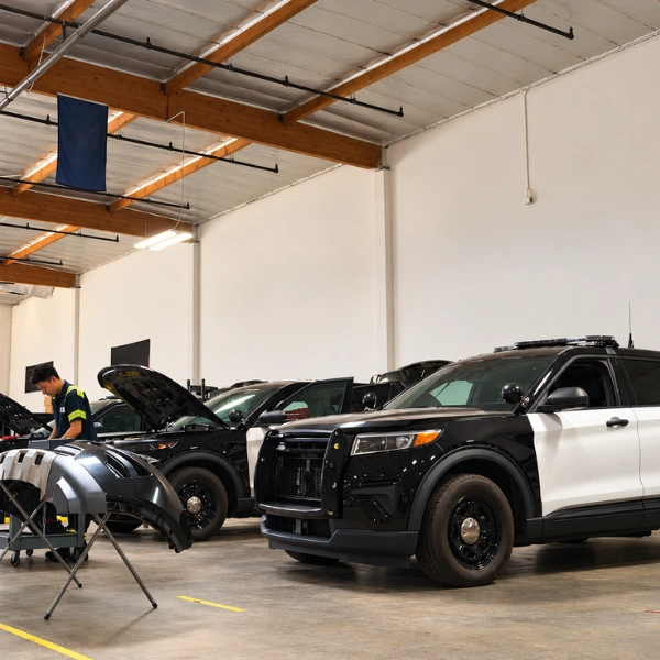 Police vehicles undergoing maintenance inside a government fleet maintenance facility