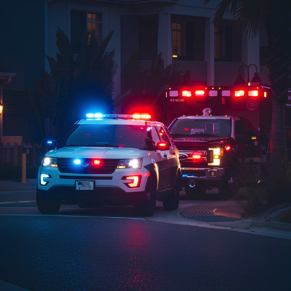 Patrol car and ambulance providing emergency response support at night